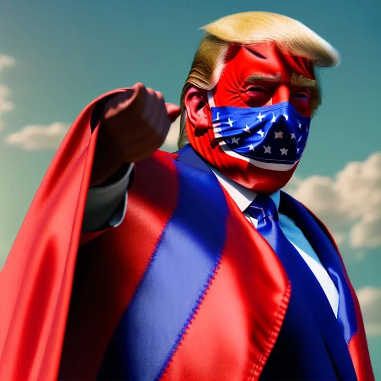 realistic image of donald trump as a mexican wrestling fighter posing outdoors, Mexican eyes wrestling mask, red and blue breeches, confederate flag cape, retro style, 80s, vibrant color, highly detailed, sky background, concept art, unreal engine 5, god rays, ray tracing, RTX, lumen lighting, ultra detail, volumetric lighting, 3d, finely drawn, high definition, high resolution.