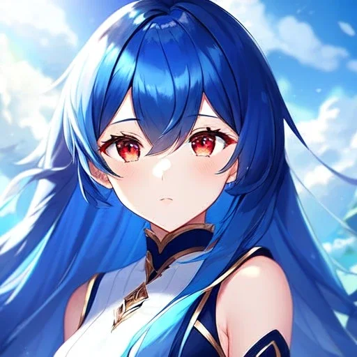 girl, masterpiece, best quality, volumetric lighting, detailed outfit, perfect eyes, long hair, blue hair, red eyes, wind,