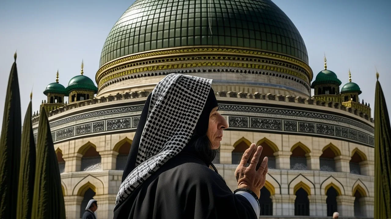 A woman wearing a keffiyeh holds the Dome of the Rock