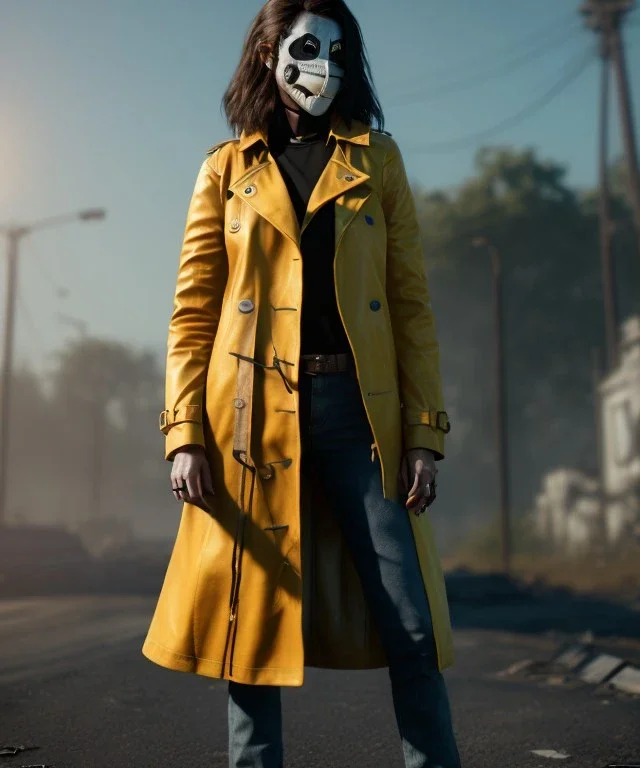 A badass Sofia Buttela wearing a scream mask, atmospheric, realistic, yellow leather trench coat, unreal engine, cinematic lighting, octane render.