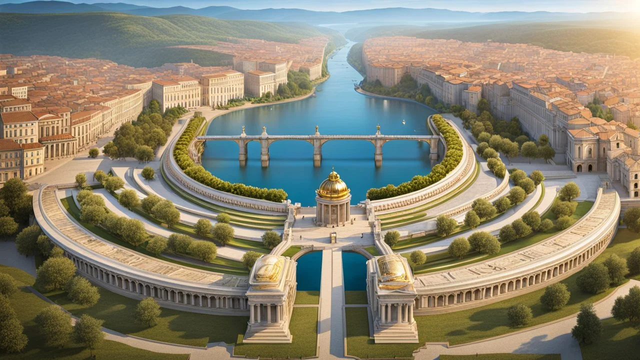 a roman city divided by a river next to the ocean. seen from a hill. perfect symmetry. marble and gold. fantasy.