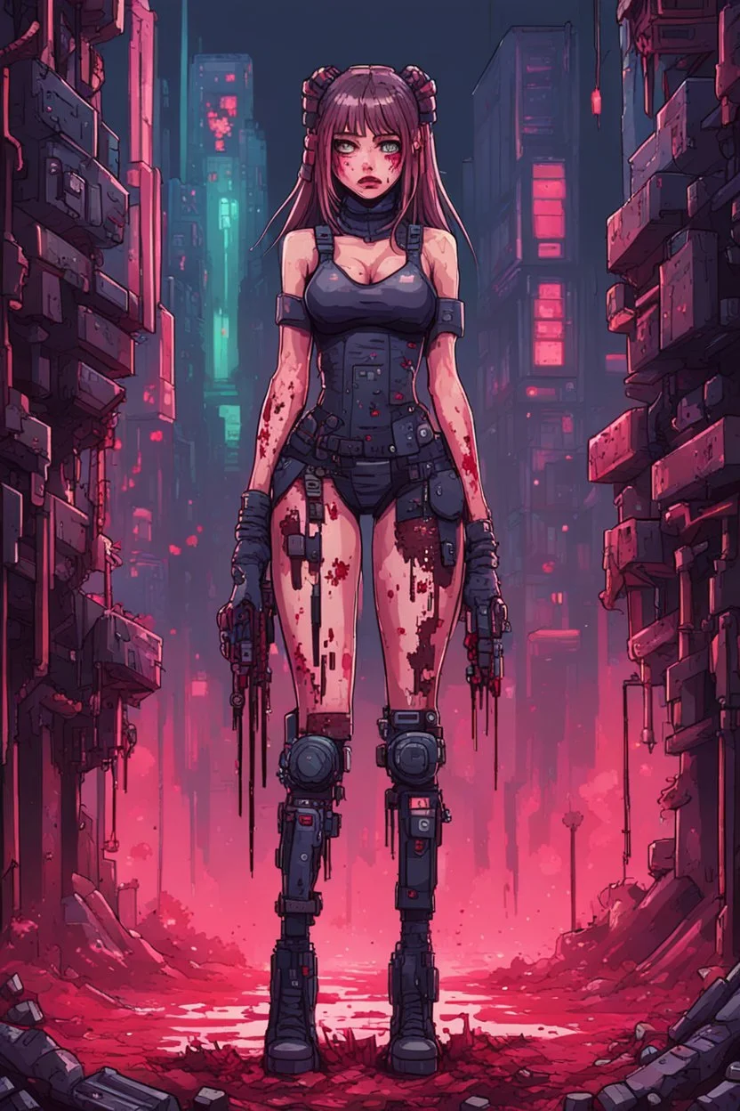 Girl cyberpunk, fullbody, behind blood guts rising from the ground, 8bits, pixel art,