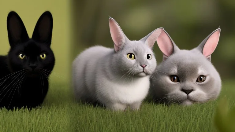 A black cat staring a white rabbit in the forest.