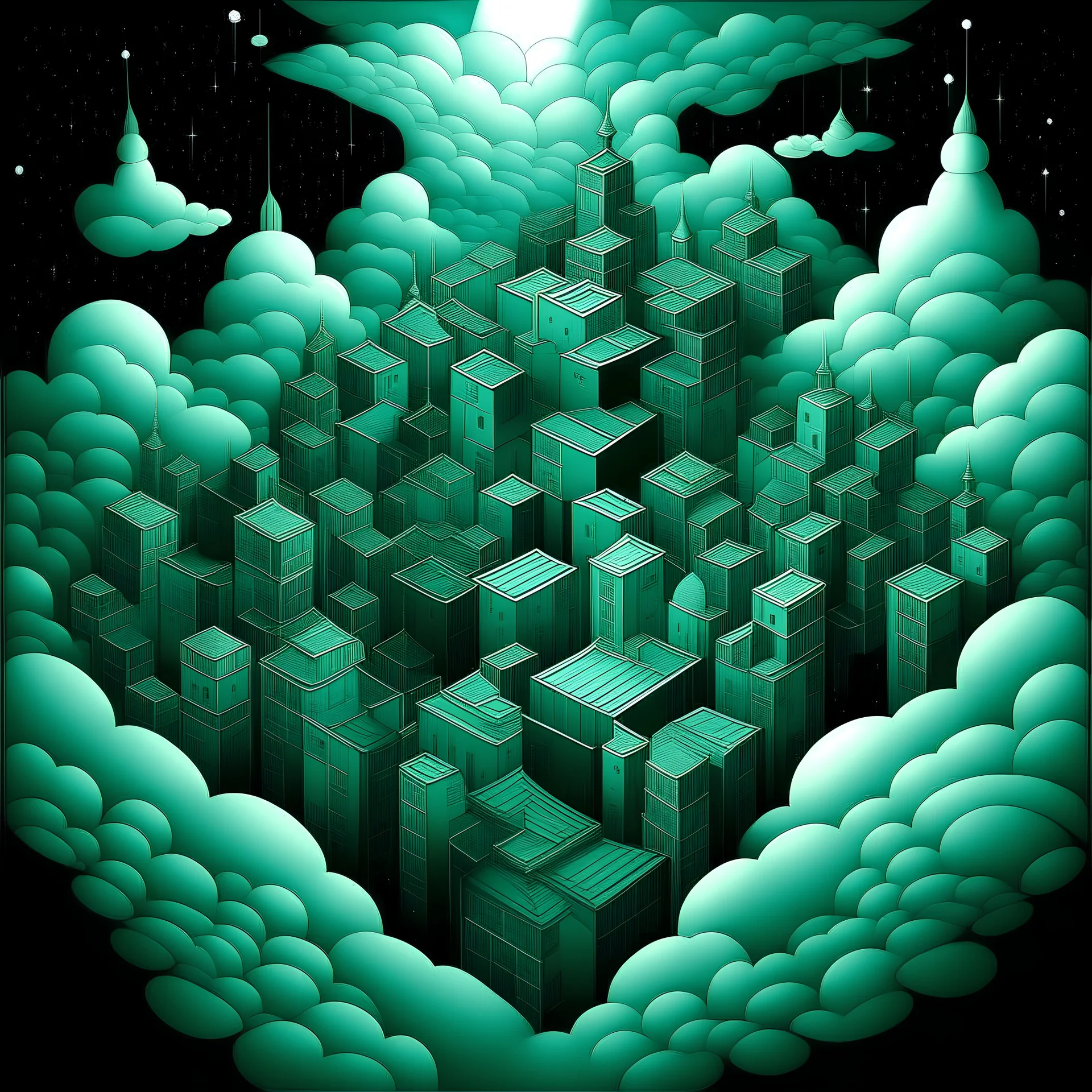 A mint color city in the sky at night made out of clouds painted by MC Escher