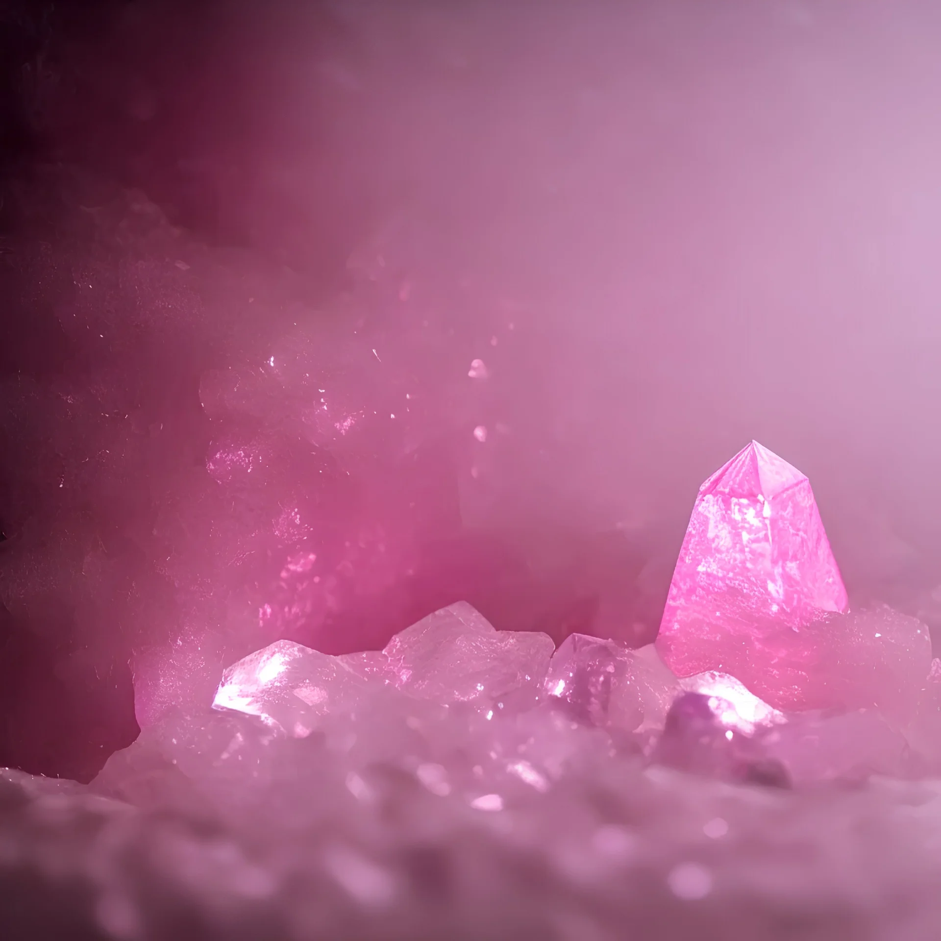 single pink crystal, on an altar in a foggy cave