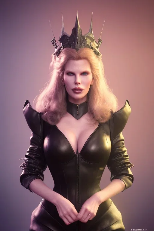 Kim Basinger as evil queen in black leather, busty, cleavage, curvy, angry, happy, stern look. character design by cory loftis, fenghua zhong, ryohei hase, ismail inceoglu and ruan jia. unreal engine 5, artistic lighting, highly detailed, photorealistic, fantasy