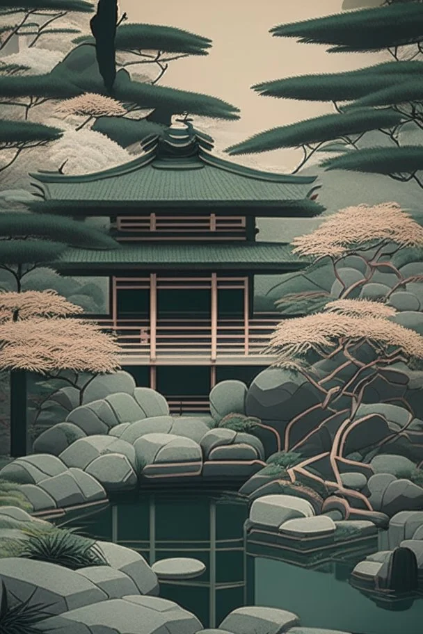 Somber Japanese garden in art deco style