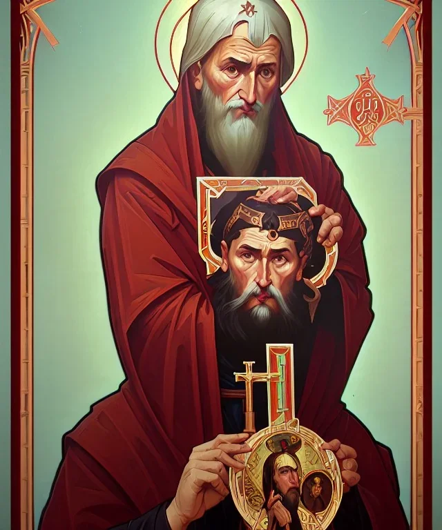 orthodox old icon with saint, patron of photographers. he is holding a camera in one hand and 35mm film in the other. Cyrillic inscriptions are the names of photographic brands. hyperdetailed, Alphonse Mucha, Zdzisław Beksiński, poster, illustration, ink, oil on canvas, 18th century atlas