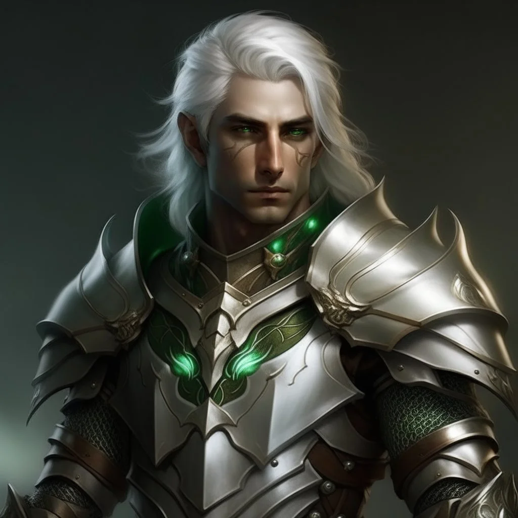 Please create an image for a young elven male with light brown skin, silver hair, and green eyes. He is wearing leather armor and is accompanied by a metallic robot