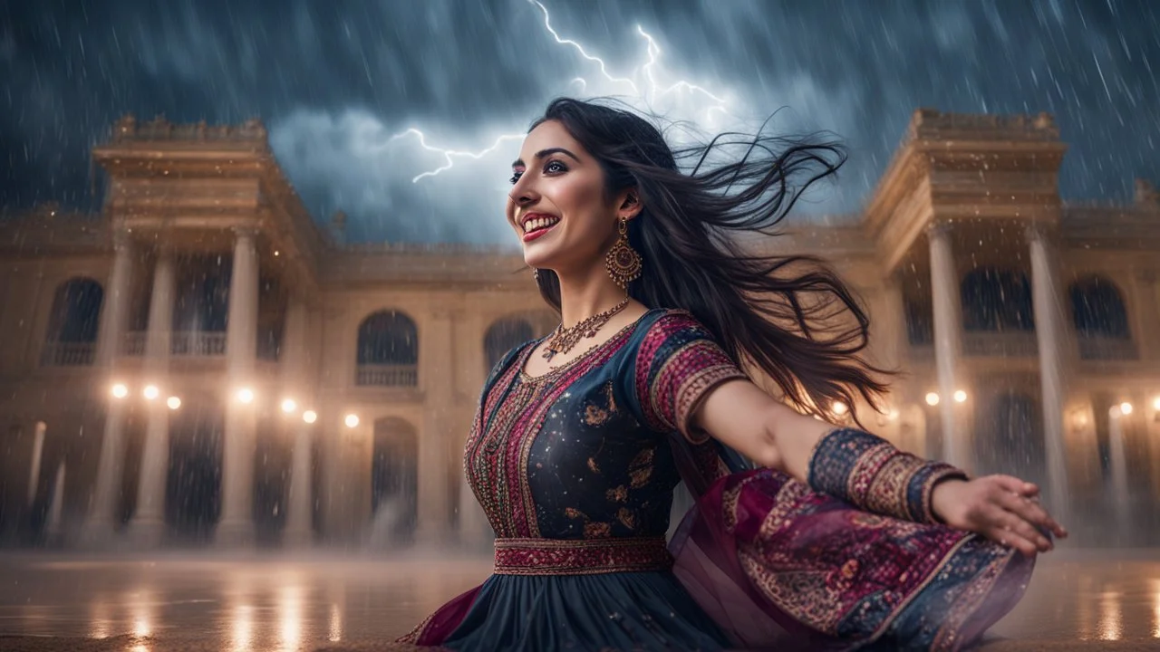 Hyper Realistic Photographic Low-Angle View Of A Beautiful Young Pashto Woman With Beautiful Eyes Lips & Nose (Wearing Beautiful Frock with Mandala Designs on it) (Her Beautiful Long Black Hair Whirling In Air) Happily Smiling & Dancing Alone Outside A Palace Under Heavy Rainfall Night with Thunderstorm Showing Dramatic & Cinematic Ambiance.