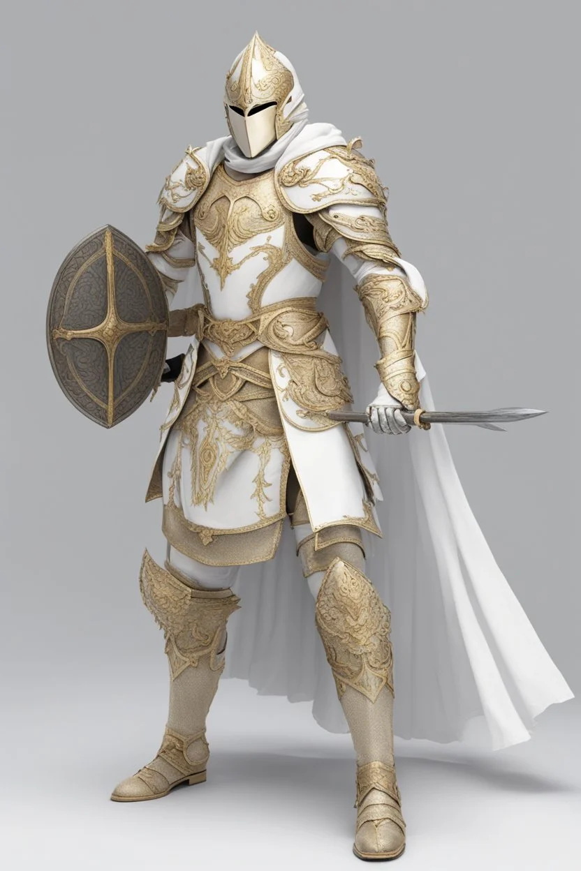 Knight wearing white and gold armor and white cape with white face mask, holding a two handed sword