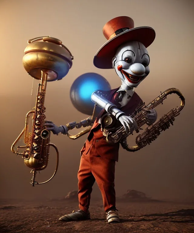 mechanoid clown playing jazz with a steampunk theme, realistic