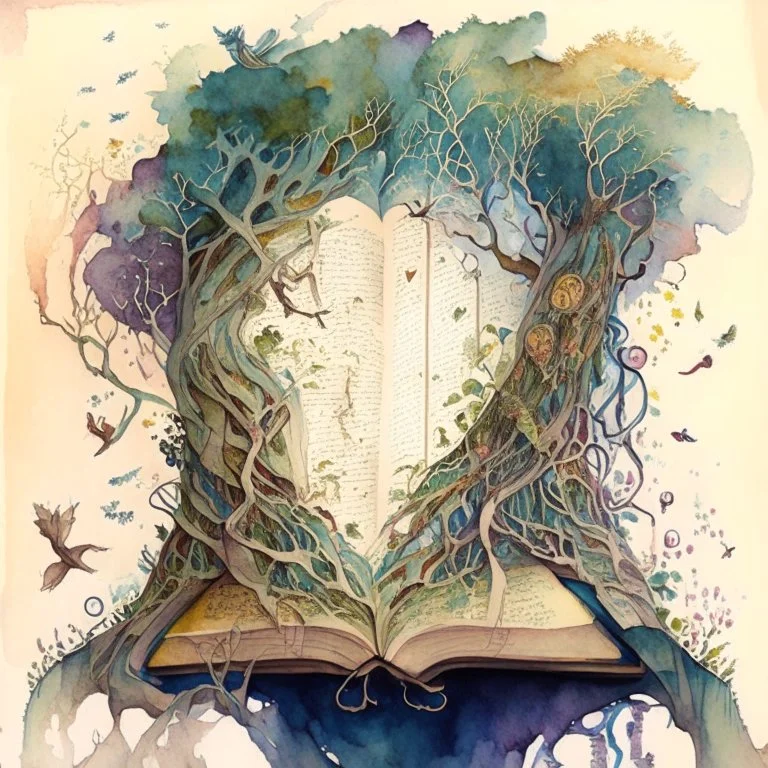 A watercolour painting in which A magnificent, ancient book floats in the air, suspended by intricate vines and roots. The pages of the book transform into a vivid, unfolding landscape, illustrating various scenes from mythology and fairy tales. As the pages turn, characters and creatures from these stories come to life, moving between the pages and interacting with the viewer. This artwork symbolizes the journey of the mind, where imagination can take us to wondrous and immersive places beyond