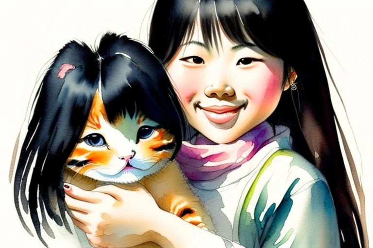 A cute smiling asian girl is holding a kitten. Watercolour