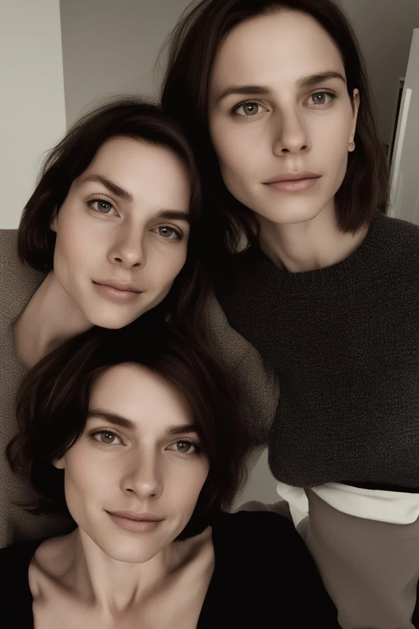 A selfie of a brunette woman, middle short hair, showing a 27-year-old European woman. She has white skin, tousled brown hair, face without makeup, big round dark brown eyes, cute profiled nose, detailed full lips, skin texture. show on the side same face but 10 years older