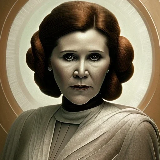 hyperspace background, complete and photo realistic detailed head to waist stunning photo realistic portrait of carrie fisher as Princess Leia in star wars with photo realistic updo hair by Mandy Jurgens and mucha and Richard Schmid and chuck close and chie yoshii, extraordinary and detailed ceremony dress of star wars,brown eyes