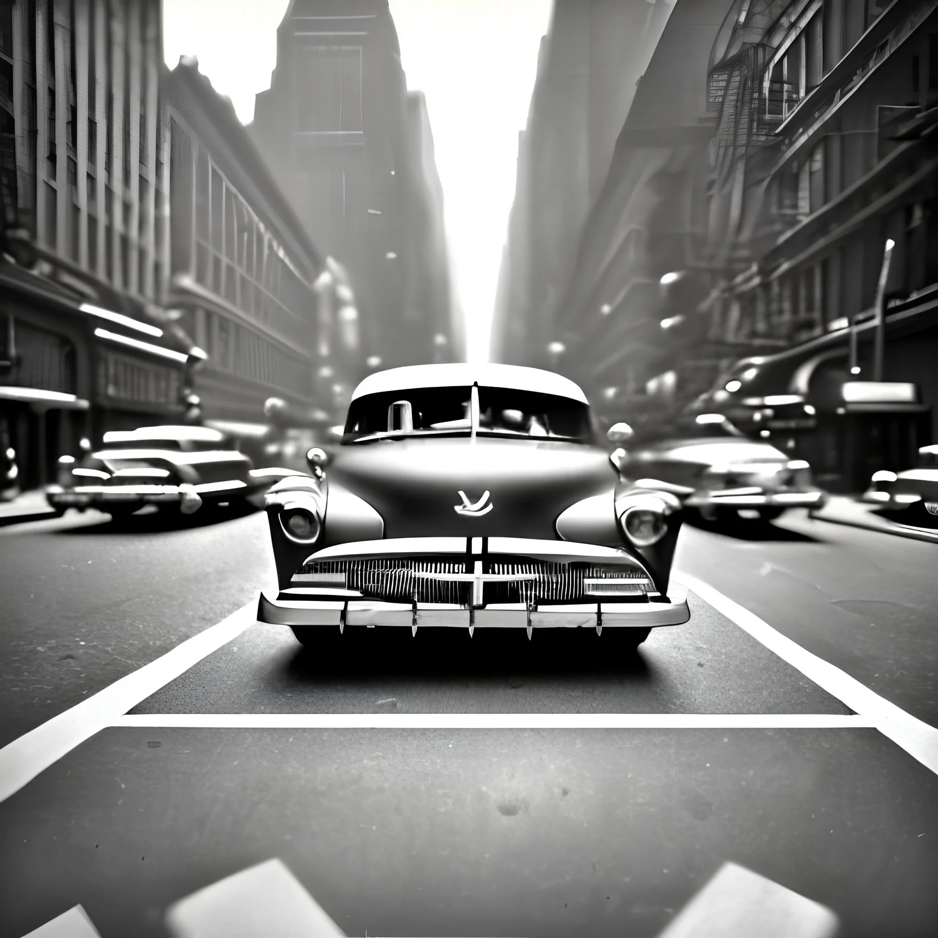 Picture 1950's street life New York, blurred, abstractism, colours, strong texture, 3d