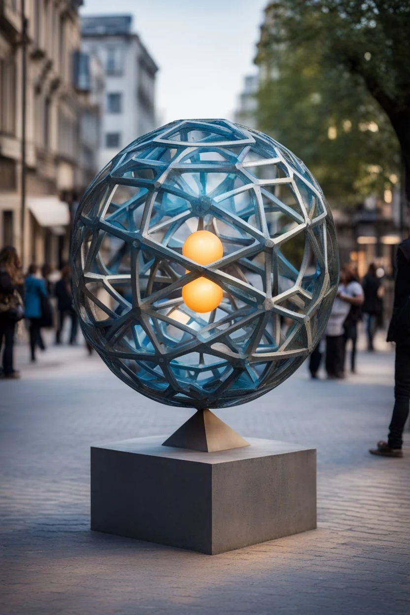 статуя на улице, Шар как атом/молекула: Сделать поверхность шара похожей на модель атома или молекулы, используя геометрические формы, светящиеся элементы или проекцию. . Для этого можно использовать различные геометрические формы, такие как круги, треугольники, шестиугольники и т. д., чтобы создать абстрактное изображение структуры атома или молекулы. Кроме того, возможно использование светящихся элементов, чтобы придать статуе особую магическую атмосферу и привлечь внимание прохожих ночью.