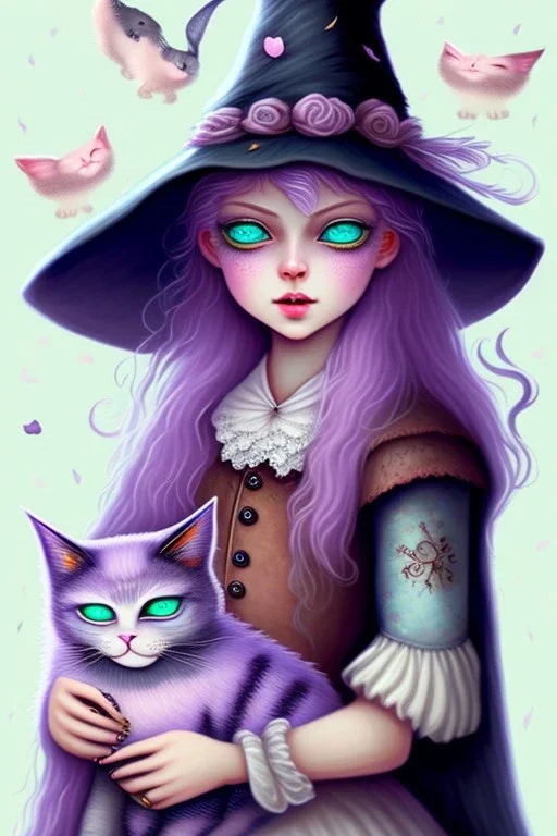 Cute friendly witch, playing with cute cats, perfect eyes, perfect iris, pastel colour, chalk, style Elisabeth Kreitz