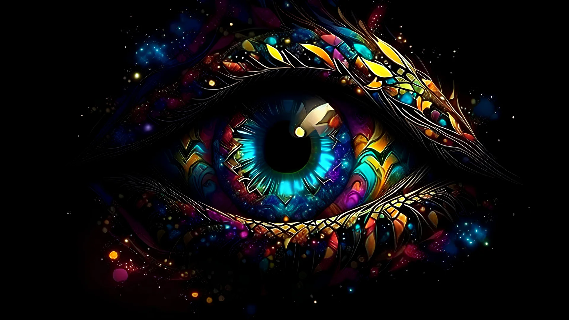 epic colorful fractals in the shape of evil eyes.hi res, fine details, sprawling geometric shapes, intricate vines with metallic prisms in space. nebula style. SPARKLES , glassy