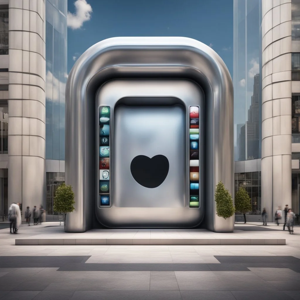 dramatic store surreal entranceway that is shaped like a giant smart phone with buttons, Apple Inc Logo in window, dramatic modernist architecture, stylish, hyperrealistic, photoreal, HD