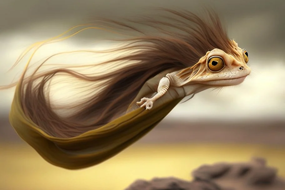 gecko with long brown hair in the wind