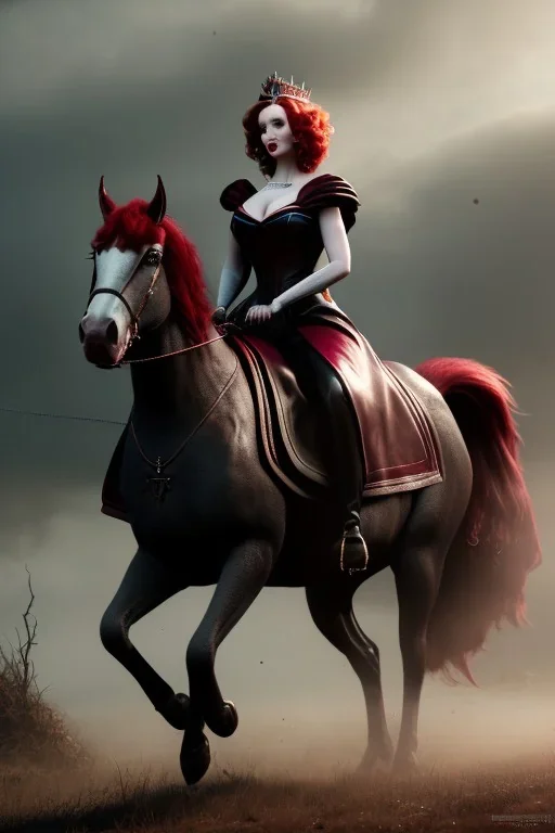 christina hendricks as evil queen in burgundy leather gown on a horse, angry, stern look, volumetric lighting, particales,highly detailed,cinematic, deep colours,8