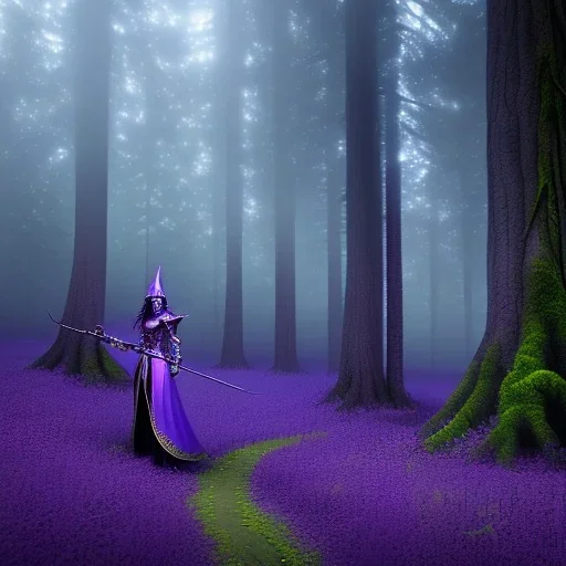 purple high elf in a misty enchanted forest