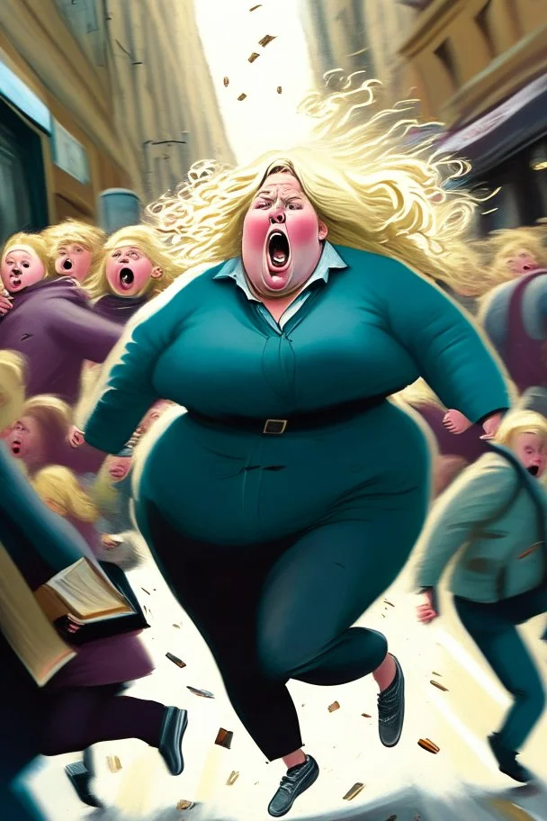 an obese terrified blonde woman crying and sobbing in a pant suit desperately running away from an angry mob of thousands of little kids chase her down a city street while holding books