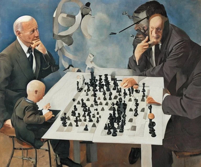 Complex Surgical Instruments,Putin, President Xi Of China And Joe Biden Play Chess with a Newborn Boy,Minimalism,Painting By Lucian Adrian Ghenie,Michelangelo,Freud,Rene Magritte,Salvador Dali,Pablo Picasso