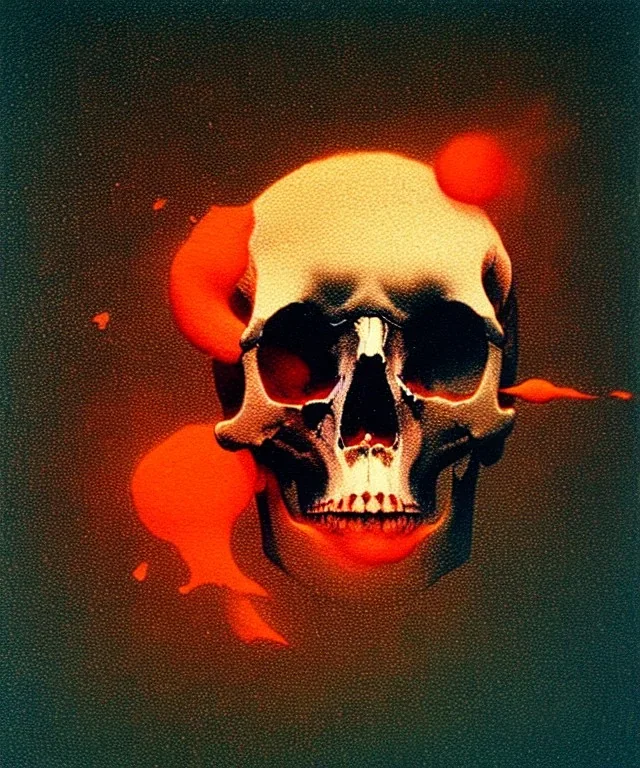 broken realistic skull. black background. smoke and explode. particles in air. teal and orange. abstract. beksinski.