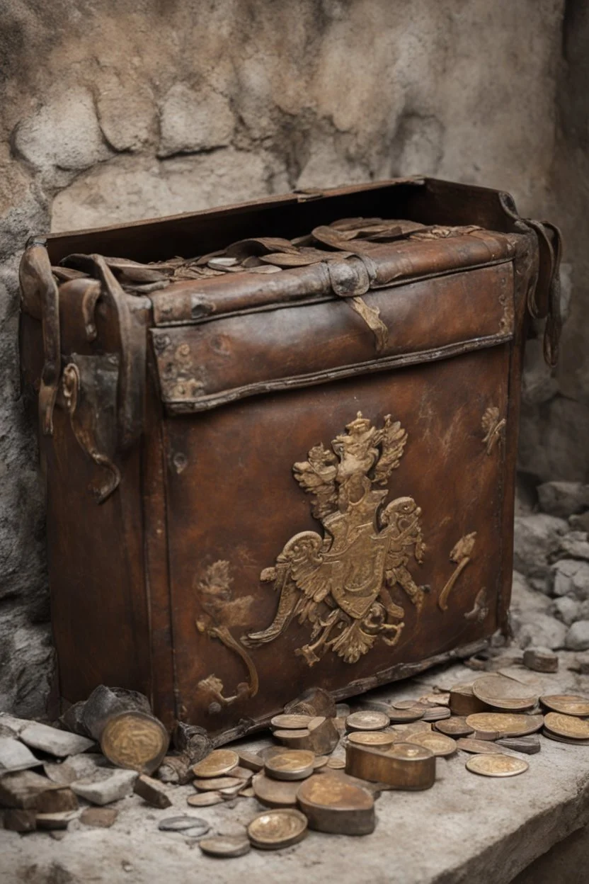 in the BASEMENT there is an old, broken brown oblong leather chest with short handles, from which gold coins from the time of Catherine the Great fall out. The ancient coat of arms of tsarist Russia, the double-headed eagle, is BARELY VISIBLE on the bag. There are a lot of broken bricks and earth around the bag. All in high quality 8K