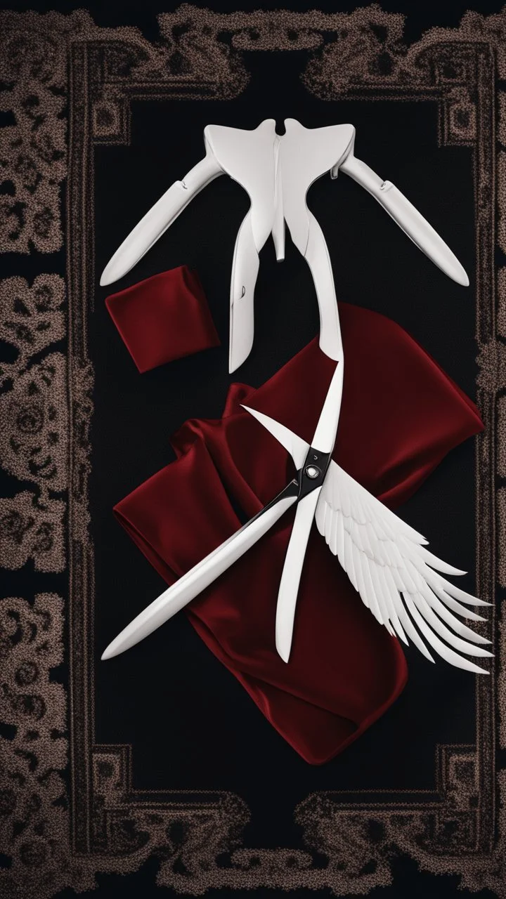 White wings, scissors, red dress on a black luxury carpet. Cinematic photo from above