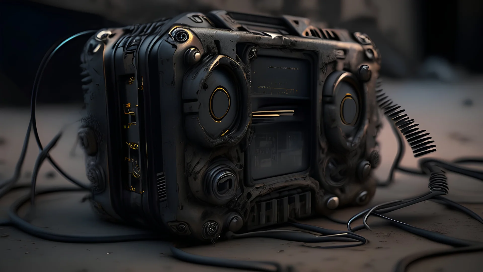 Futuristic black gadget mp3 player made with engine parts and wires dysoptia cyberage HAWKEN postapocalyptic dysoptia scene photorealistic uhd 8k VRAY highly detailed HDR