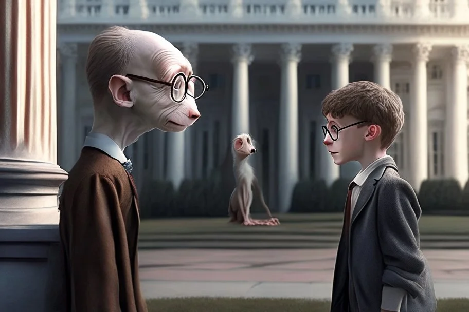 realistic young Harry Potter talking to Dobby in front of white house