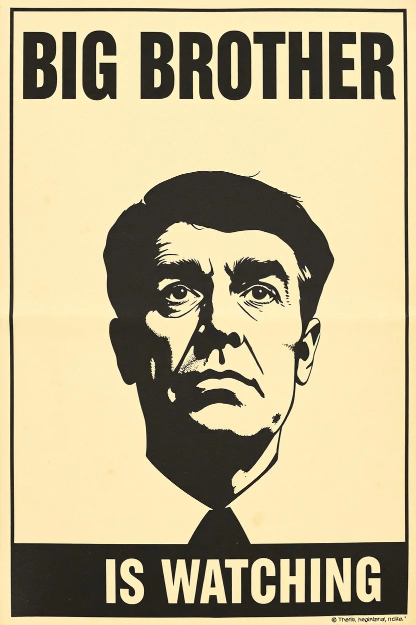 an old poster with the words"BIG BROTHER"(across top), the staring face of a man(middle, facing viewer), text "IS WATCHING"(across bottom), wwii era 1984 propaganda black and white printed poster on old paper