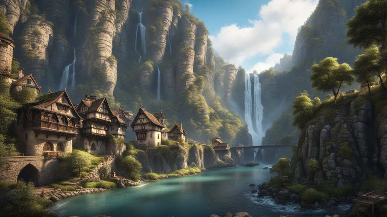 a medieval town at the foot of multiple waterfalls. a steep, narrow, tall cliff ravine. a masterpiece, fantasy concept art, dynamic lighting, hyperdetailed, intricately detailed, deep color, Unreal Engine, volumetric lighting, Epic cinematic brilliant stunning intricate meticulously detailed dramatic atmospheric maximalist digital matte painting