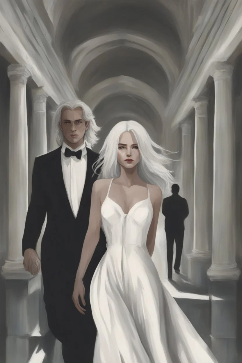 Woman with white hair wearing a white dress, walking down a sunlit stone hall, AND a handsome man in the background lurking in the shadows with long black hair