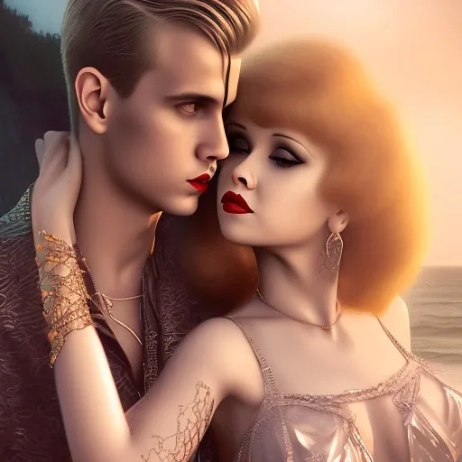 Aaron Carter with sexy Clara Bow, stormy seas, two people, Aaron Carter, romance, romantic, water, swimming, DAZ3D, by Michael Turner, soft lips, cinematic lighting, studio lighting, shine, 4K, fantastic view, girls at beach with her.