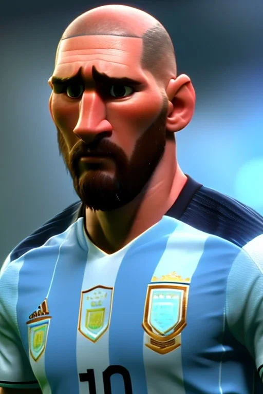 Realistic Messi Argentina soccer player Portrait, mid shot low view, concept art, artstation, 3d, photo studio, clean background, unreal engine 5, ray tracing, RTX, lumen lighting, ultra detail, volumetric lighting.