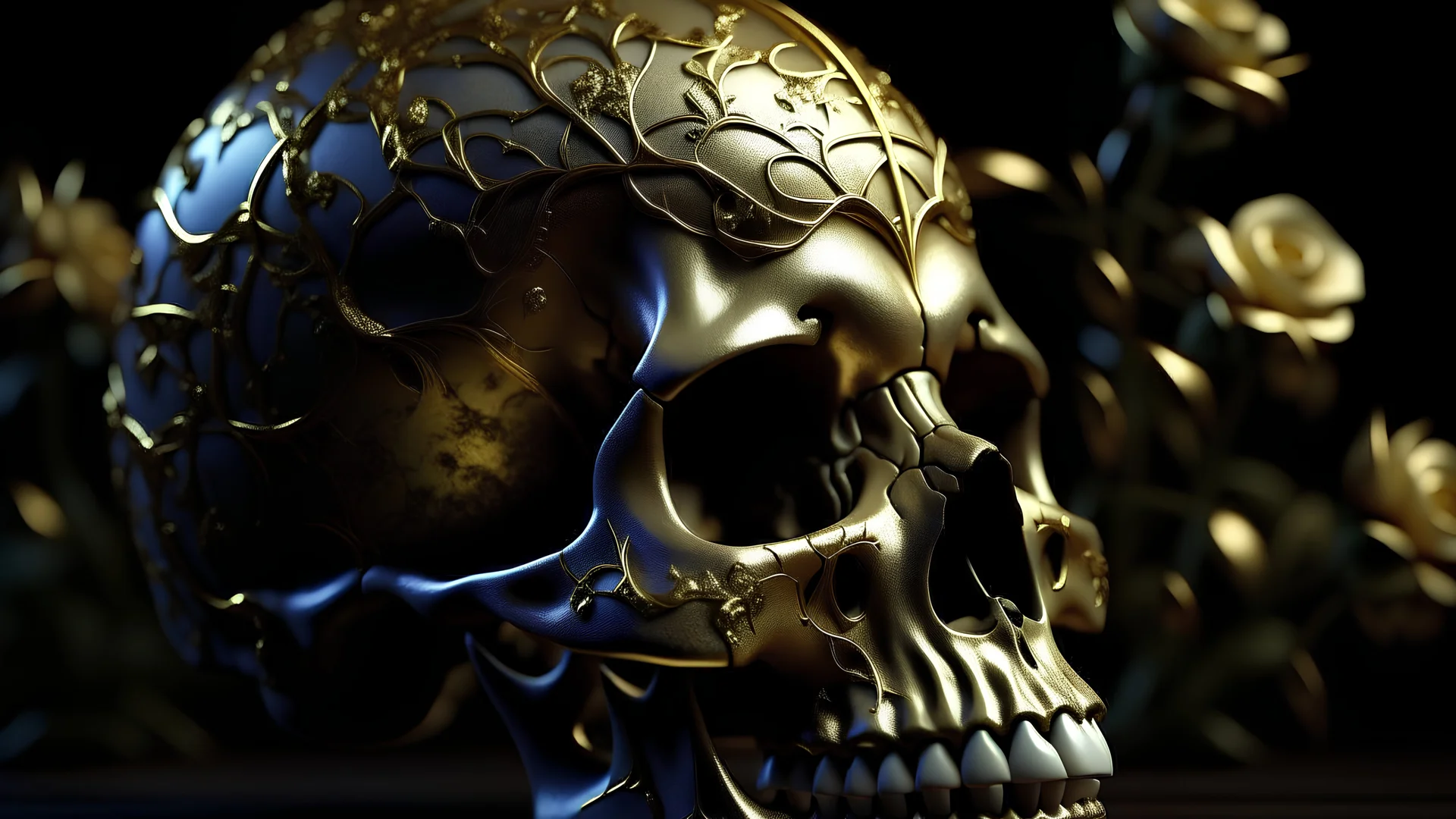 kintsugi decaying skull and roses, intricate detail, ultra-realistic, ultra-detailed, 8k--v 4