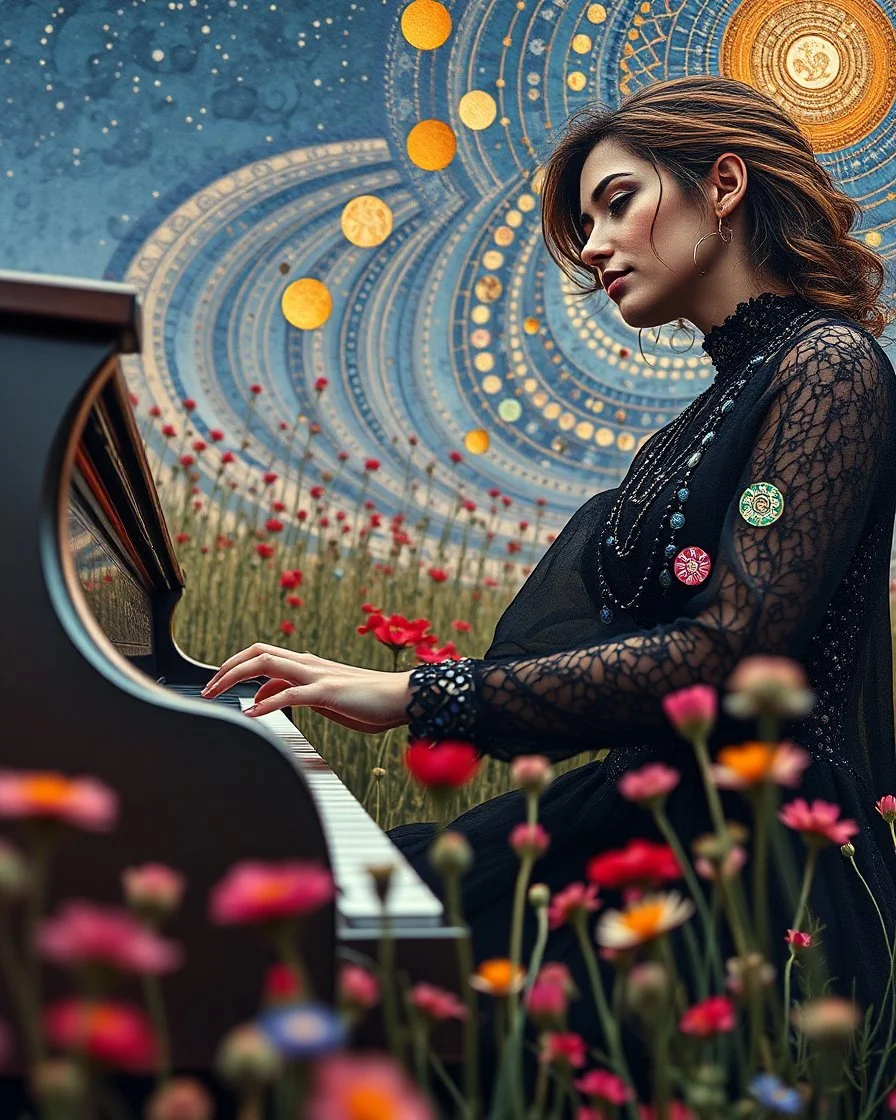 "Midnight Serenade unique" low view angle shot down wild flowers field , large close up a beautiful young woman with a black dress , wearing a cool black like a rocker style and playing the piano , granite terrazzo motifs with puzzle modern clothing is decorated with colorful filigree abstract, Collage chutes papiers magazines,Spirograph background by Nisa Kiley, Textile Artist
