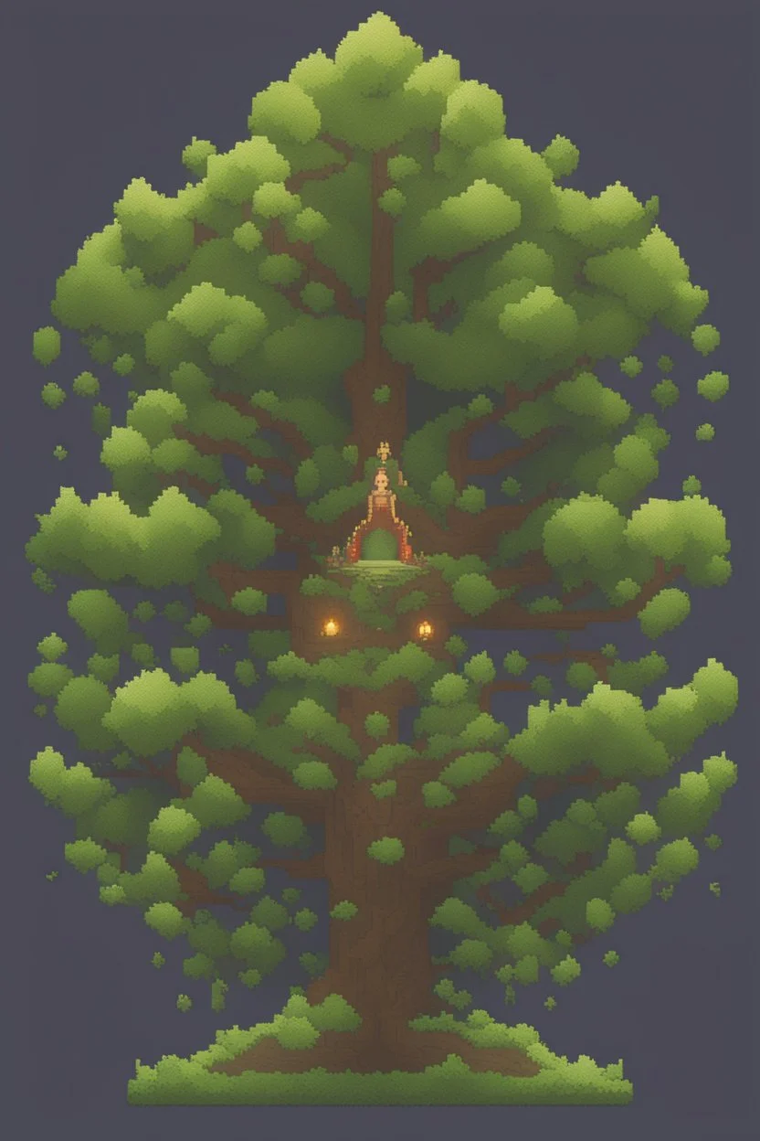 a pixel tree that sprouts in the shape of a goddess for the 2d sidescroller game