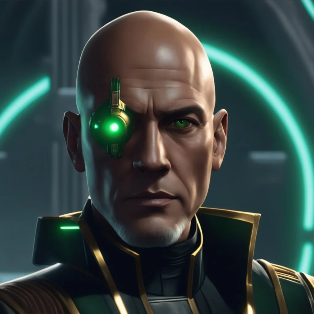 star wars bald male corellian jedi pilot wearing gunmetal grey and black old republic armored robes with gold trim inside the jedi temple holding a lightsaber with viridian green blade in left hand, centered head and shoulders portrait, hyperdetailed, dynamic lighting, hyperdetailed background, 8k resolution, volumetric lighting, light skin, fully symmetric details