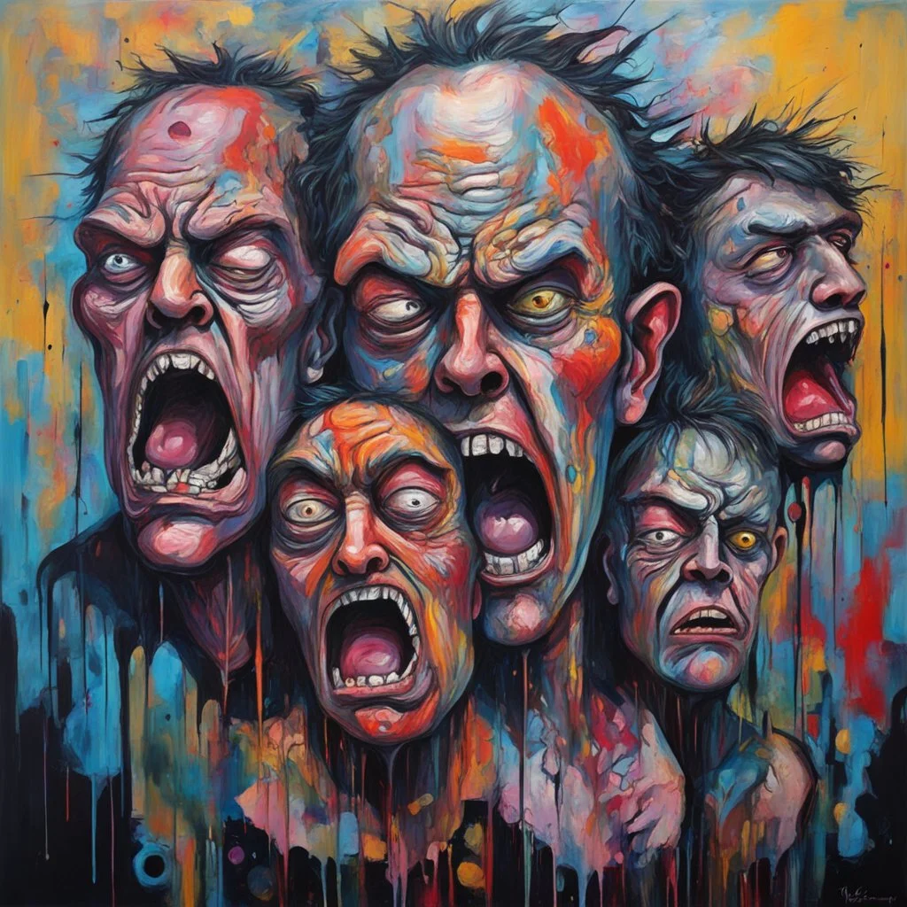 3 character with diferrent sad angry crying emotions, broken mind ,neo expressionism, acrylic painting, ultra detailed, grotesque, bizarre, strange