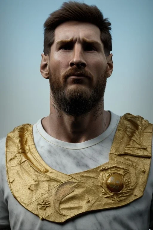 Realistic image, lionel Messi Roman sculpture made in marble with gold veins, gold laurel leaves crown, waist up portrait,marble material, gold ornaments, Renaissance style, sun rays background, epic, celestial, cinematic lighting, God lights, 4k resolution, smooth details, soft lighting, unreal engine 5, art station, substance 3d.