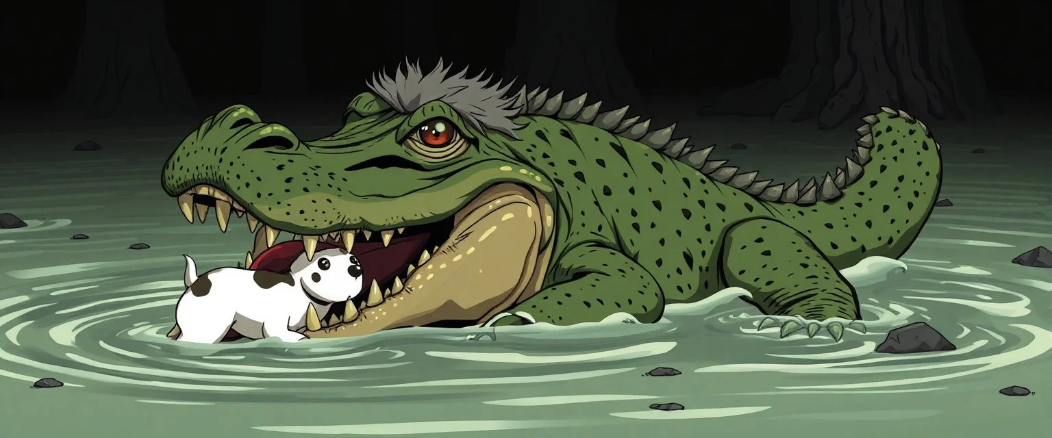 realistic anime crocodile hippo dog witch with fluffy hair, doing dog things and eating small dog in the style of fallout 4 and giger and escher