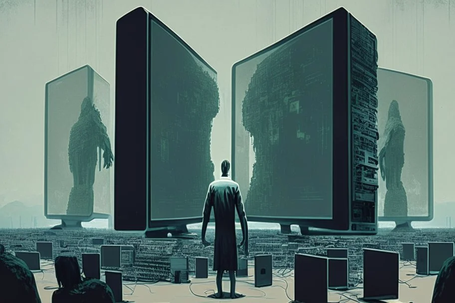 enormes computadoras y una figura en medio de ellas