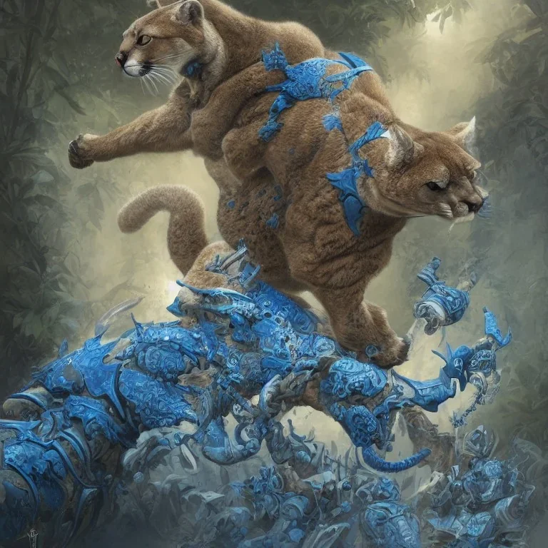 cougar in blue and white battle armor, a highly detailed illustration, background of Inka jungle, realistic render, 8 k, micro detail, intricate, elegant, centered, digital painting, Artstation, smooth, sharp focus, illustration, artgerm, tomasz alen kopera, peter mohrbacher, donato giancola, joseph christian leyendecker, wlop, boris vallejo