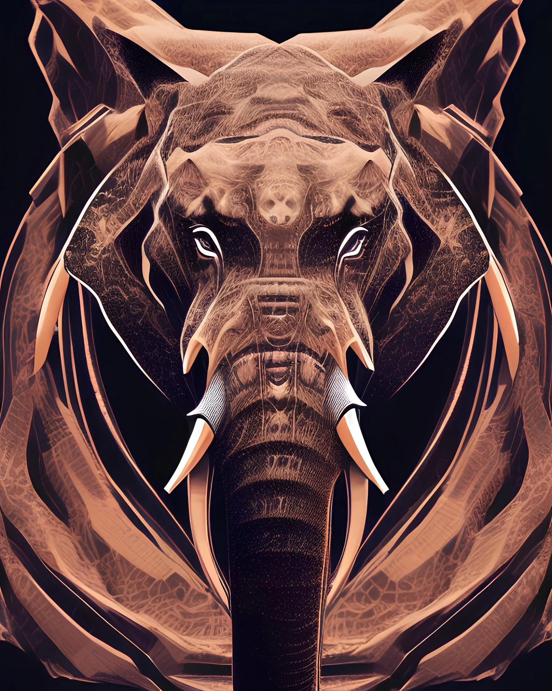 An animal’s head combining an elephant, a tiger and a fox